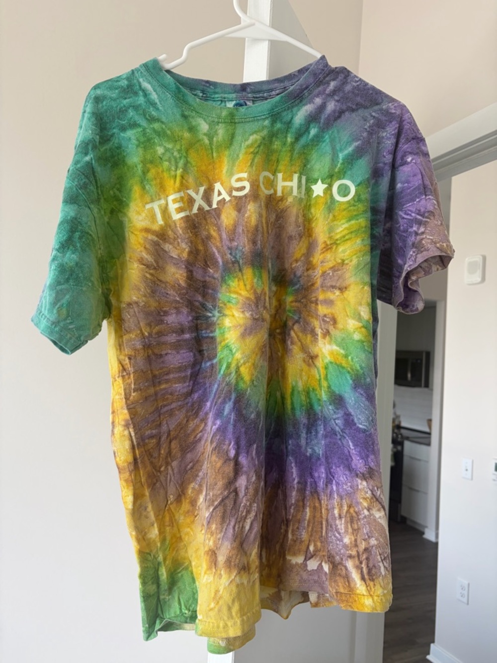 Texas Chi O Tie-Dye Spiral Tee in Green, Yellow, Purple